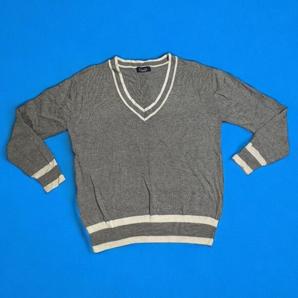 Zara Man Gray V-Neck Silk Blend Sweater with Cream White Trim Size XL - Picture 1 of 8